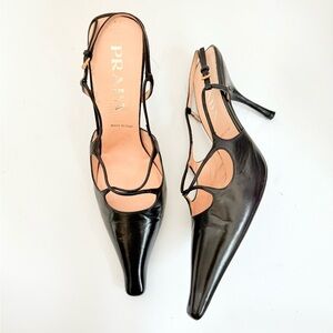 Prada Vintage Black leather criss cross pattern slingback elongated pumps EU 38